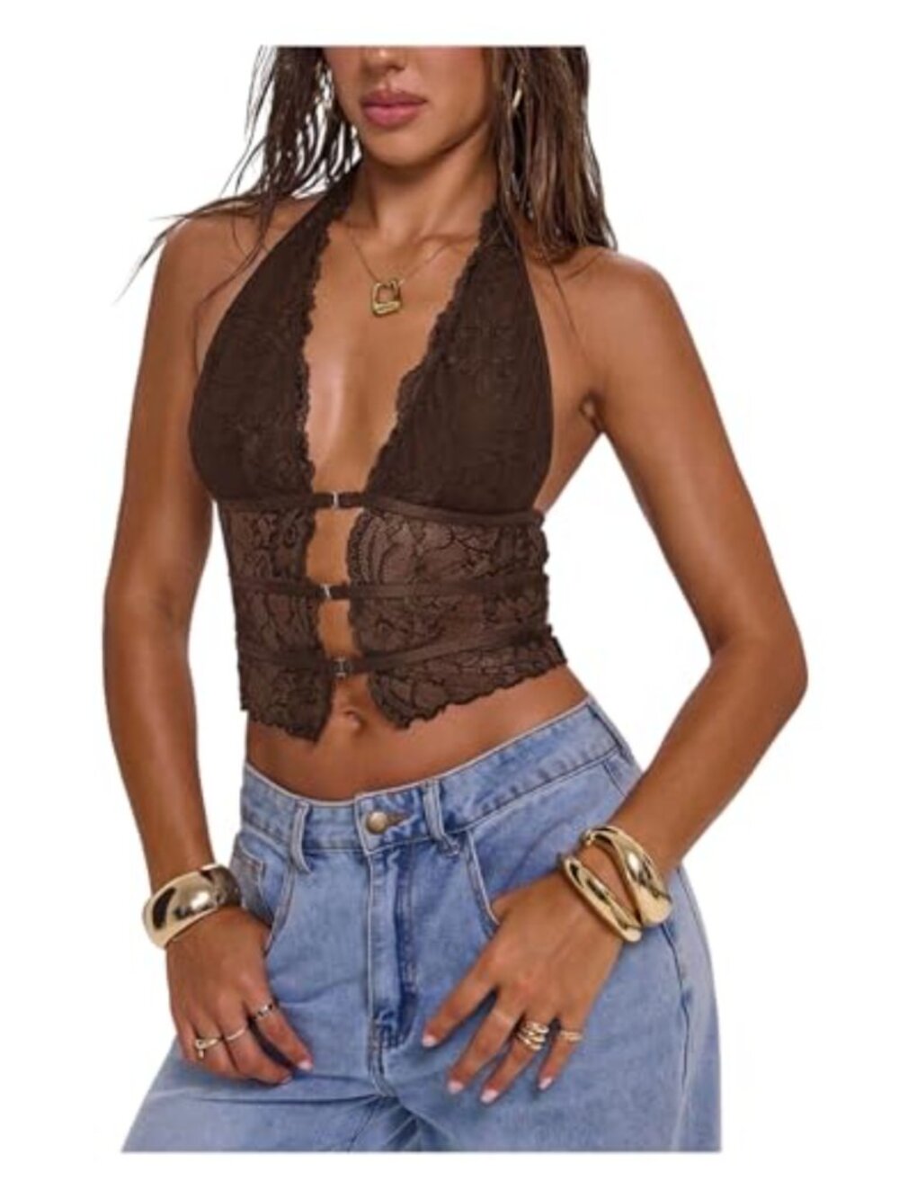 Lace Halter Crop Top Deep V Neck Backless Sleeveless Going Out Tank